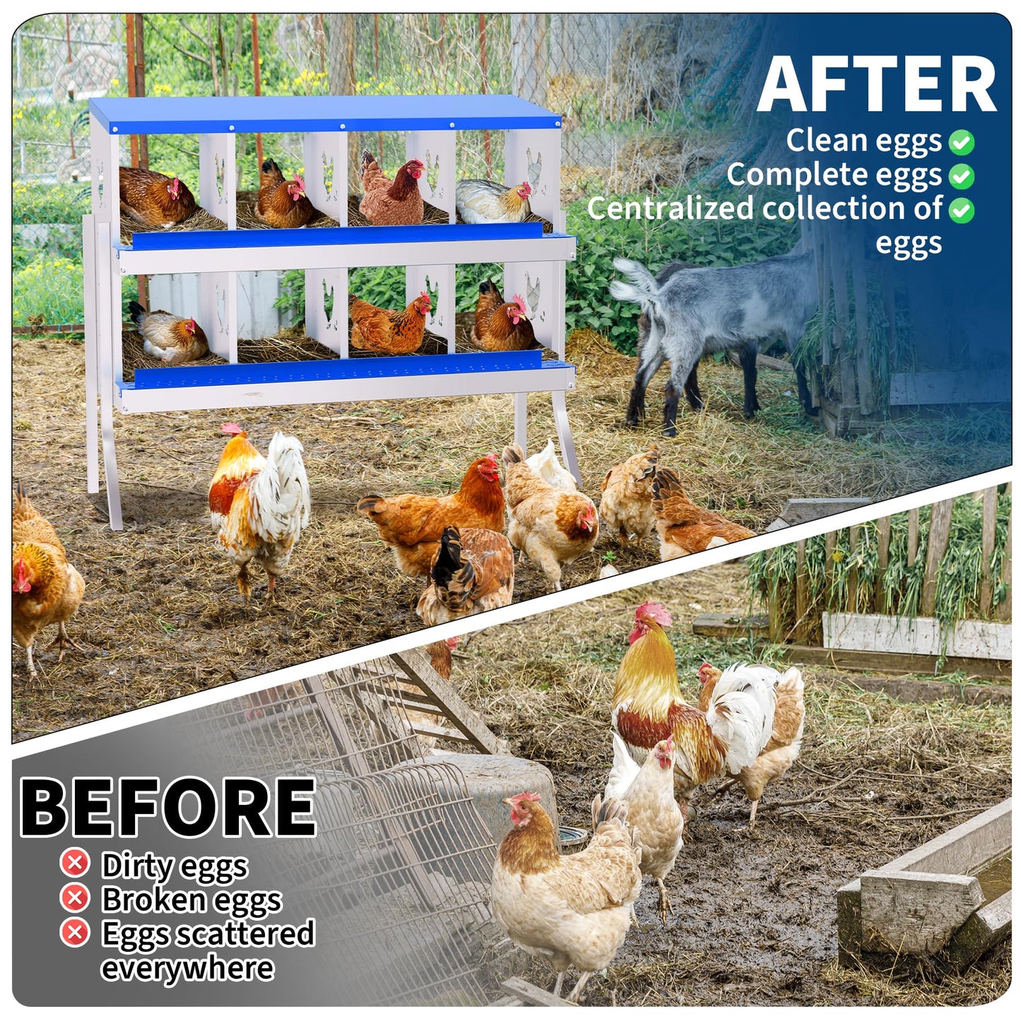 Garvee Chicken Nesting Box with Removable Tray, 8 Compartment Nesting Boxes for Chickens, Easy to Clean and Install, Chicken Laying Boxes for Chicken Coop to Protect Eggs - with Bracket Legs, Blue