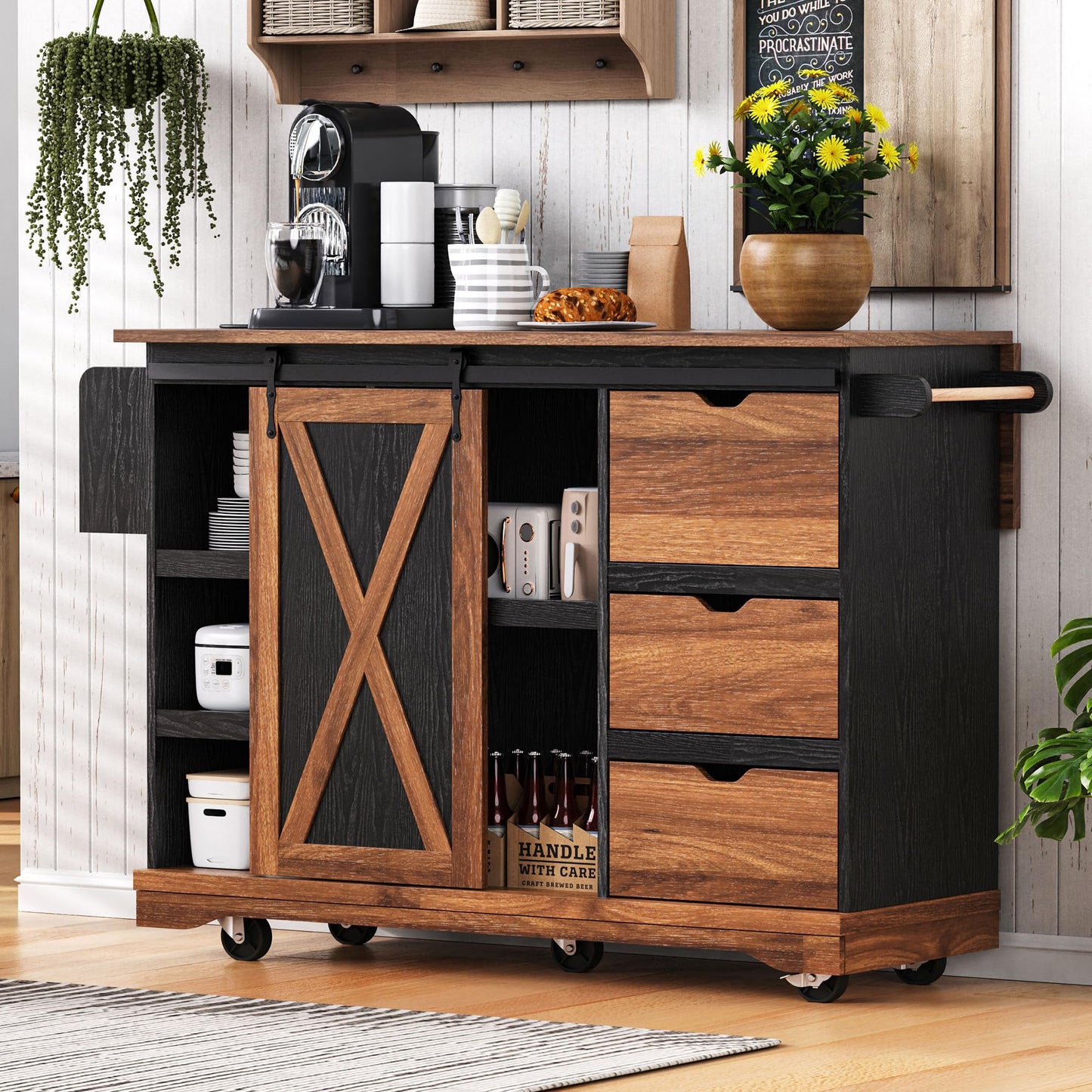 Merax 55.5" Farmhouse Kitchen Island with Drop Leaf, Kitchen Storage Island with Barn Door, Power Outlet, Rolling Kitchen Cart on Wheels with Spice Rack, for Home, Kitchen, Dining Room, Black