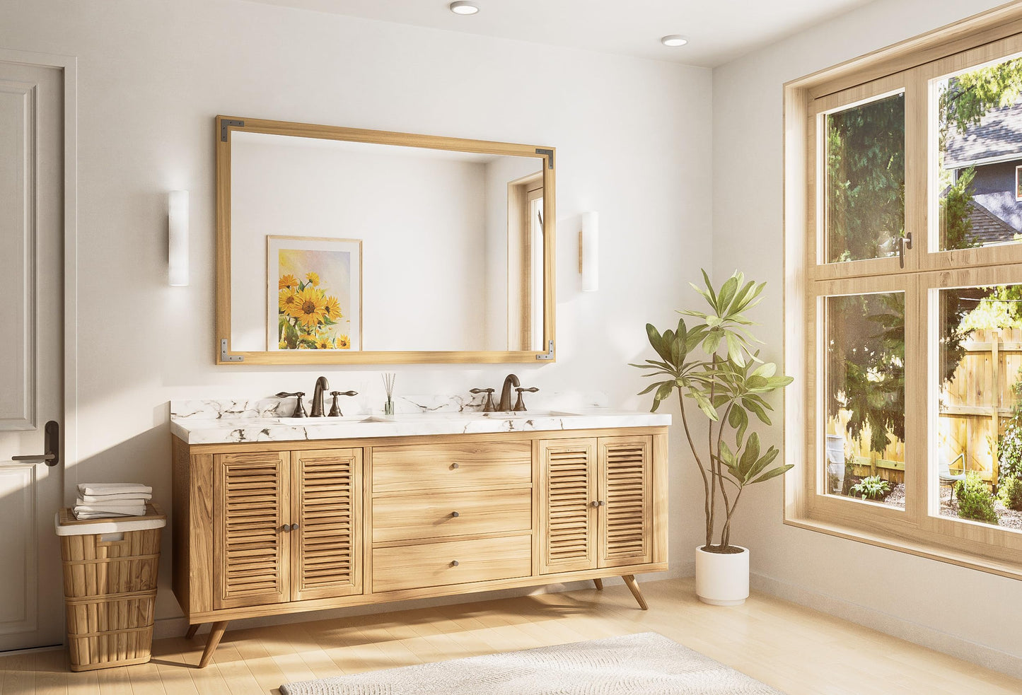 TETOTE 55 x 36 Natural Wooden Mirror for Bathroom Wall/Bedroom/Living Room/Entryway Farmhouse Rustic Bathroom Vanity Mirror Waterproof (Horizontal/Vertical Mounted)
