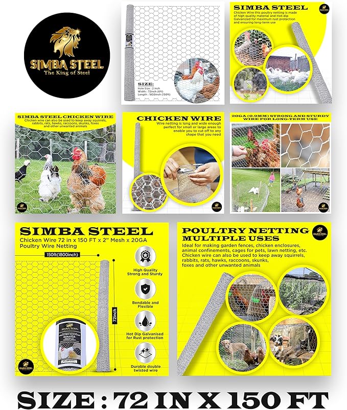 Chicken Wire 72 in x 150 FT x 2” Mesh x 20GA | Poultry Wire Netting | Hot Dipped Galvanised | Hexagonal Galvanized Mesh for Chicken Coop, Rabbit Cage, Fence Barrier PM72x150x2