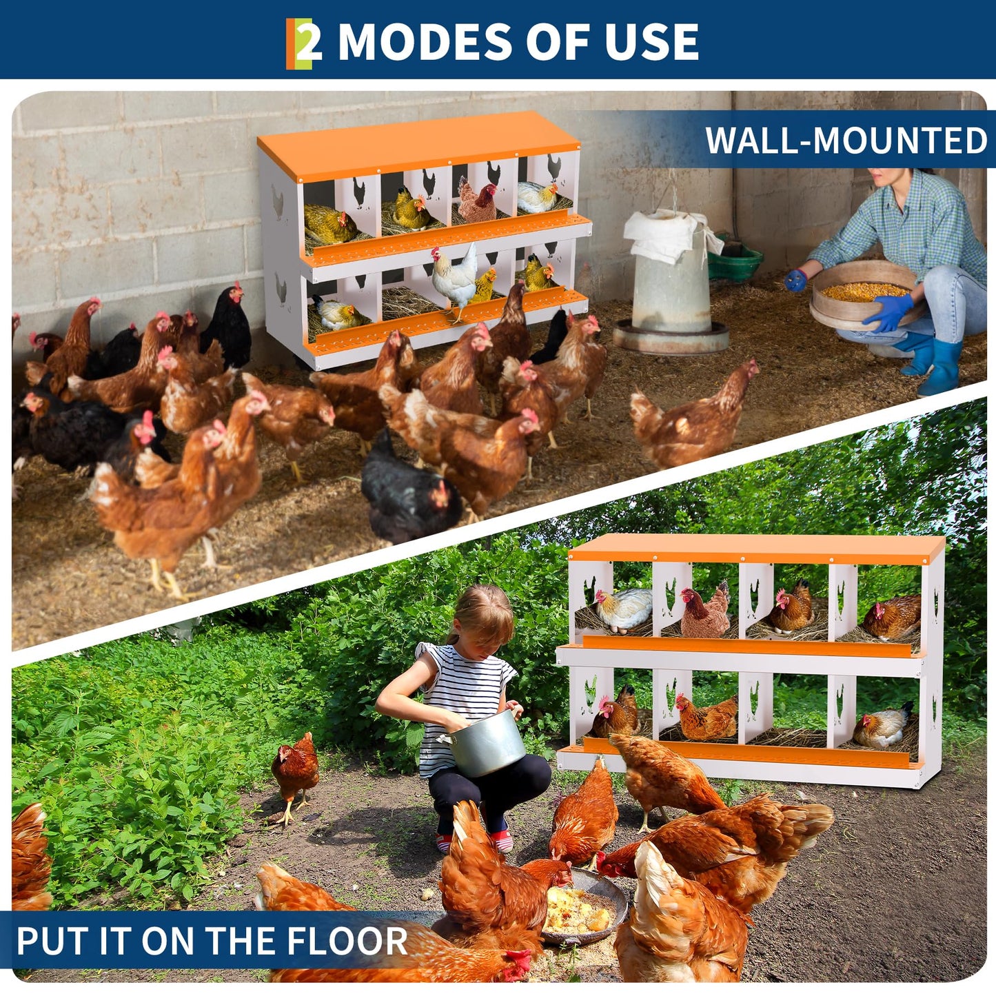 Garvee Chicken Nesting Box with Removable Tray, 8 Compartment Nesting Boxes for Chickens, Easy to Clean and Install, Chicken Laying Boxes for Chicken Coop to Protect Eggs, Orange