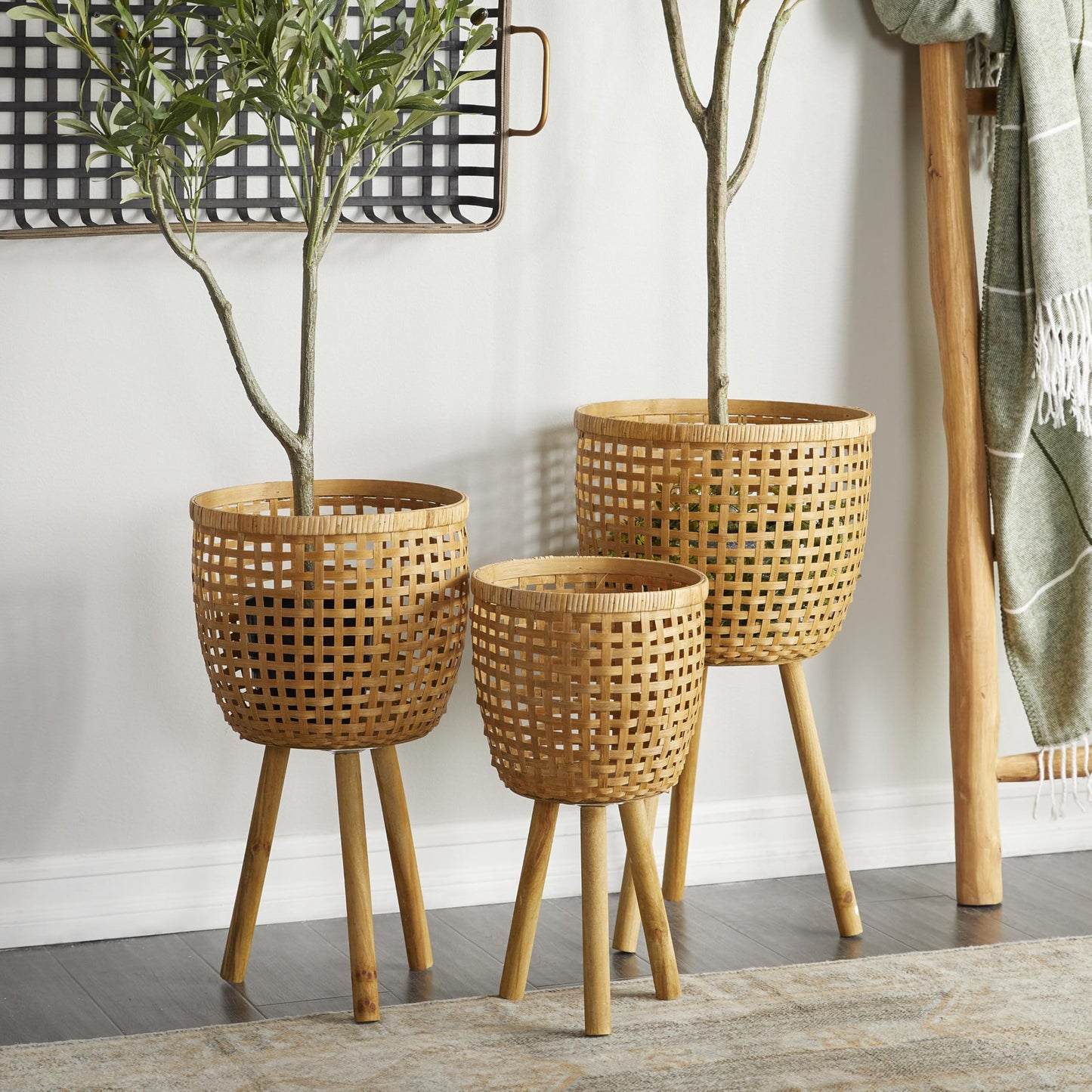 Deco 79 Bamboo Wood Handmade Indoor Planter Woven Basket Large Planter Pot with Wooden Tripod Legs, Set of 3 Planters 26", 23", 20"H, Brown