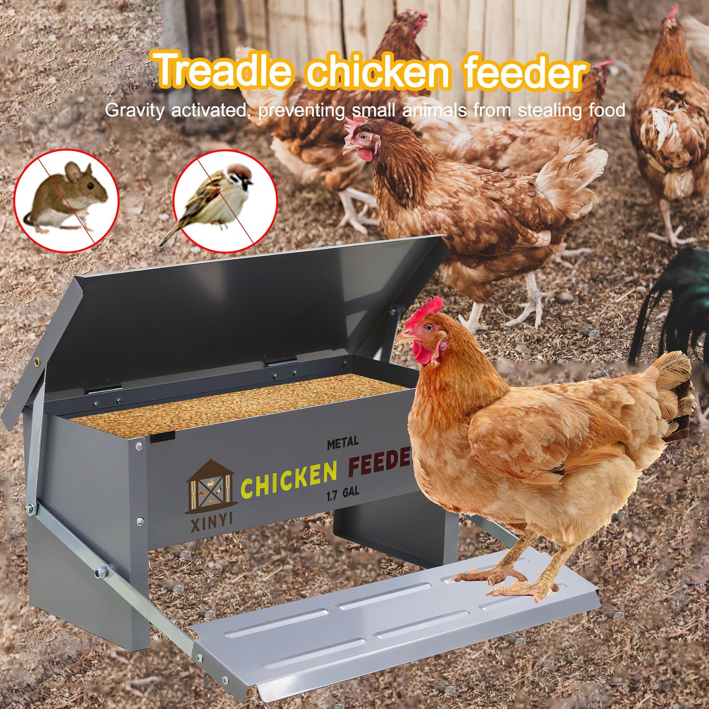 Automatic Treadle Chicken Feeder,12 Lbs No Waste No Spill Rodent Proof Chicken Feeder with Weatherproof Lid,Chicken Supplies for Your Chickens, Duck Feeder 1.7Gal