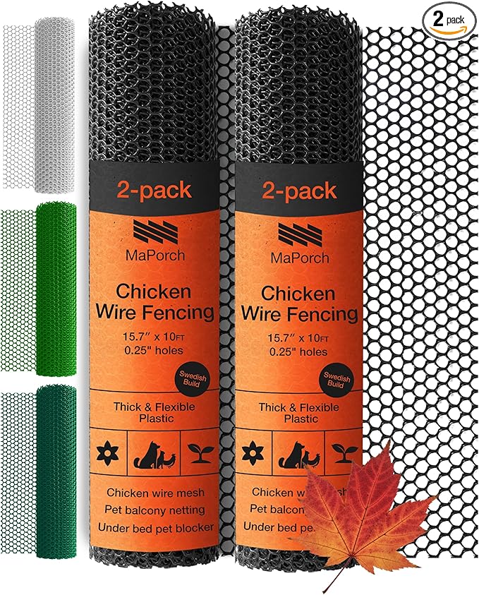 MaPorch Plastic Wire Mesh Fence - 15.7" x 10 ft 2-Pack Black - Durable Plastic Mesh & Netting for Garden Fence & Poultry Barrier - Temporary Chicken Wire Fencing for Dogs