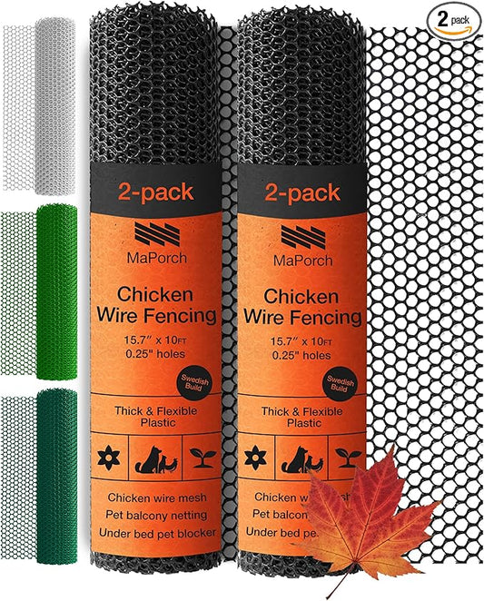 MaPorch Plastic Wire Mesh Fence - 15.7" x 10 ft 2-Pack Black - Durable Plastic Mesh & Netting for Garden Fence & Poultry Barrier - Temporary Chicken Wire Fencing for Dogs