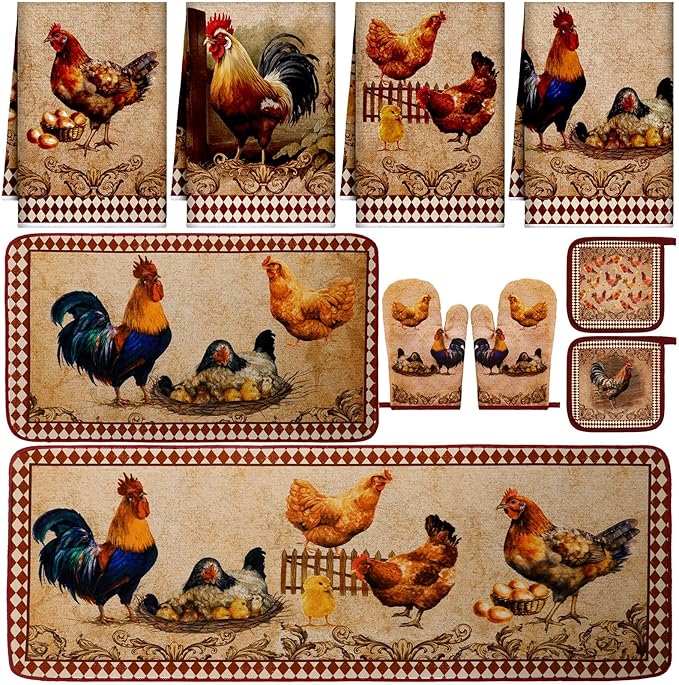 10 Pcs Rooster Chicken Kitchen Dish Towels Rugs Oven Mitts and Pot Holders Sets Farmhouse Rustic Rooster Kitchen Decor Set for Cooking Baking Grilling Women Mom Daughter Gift(Brown)
