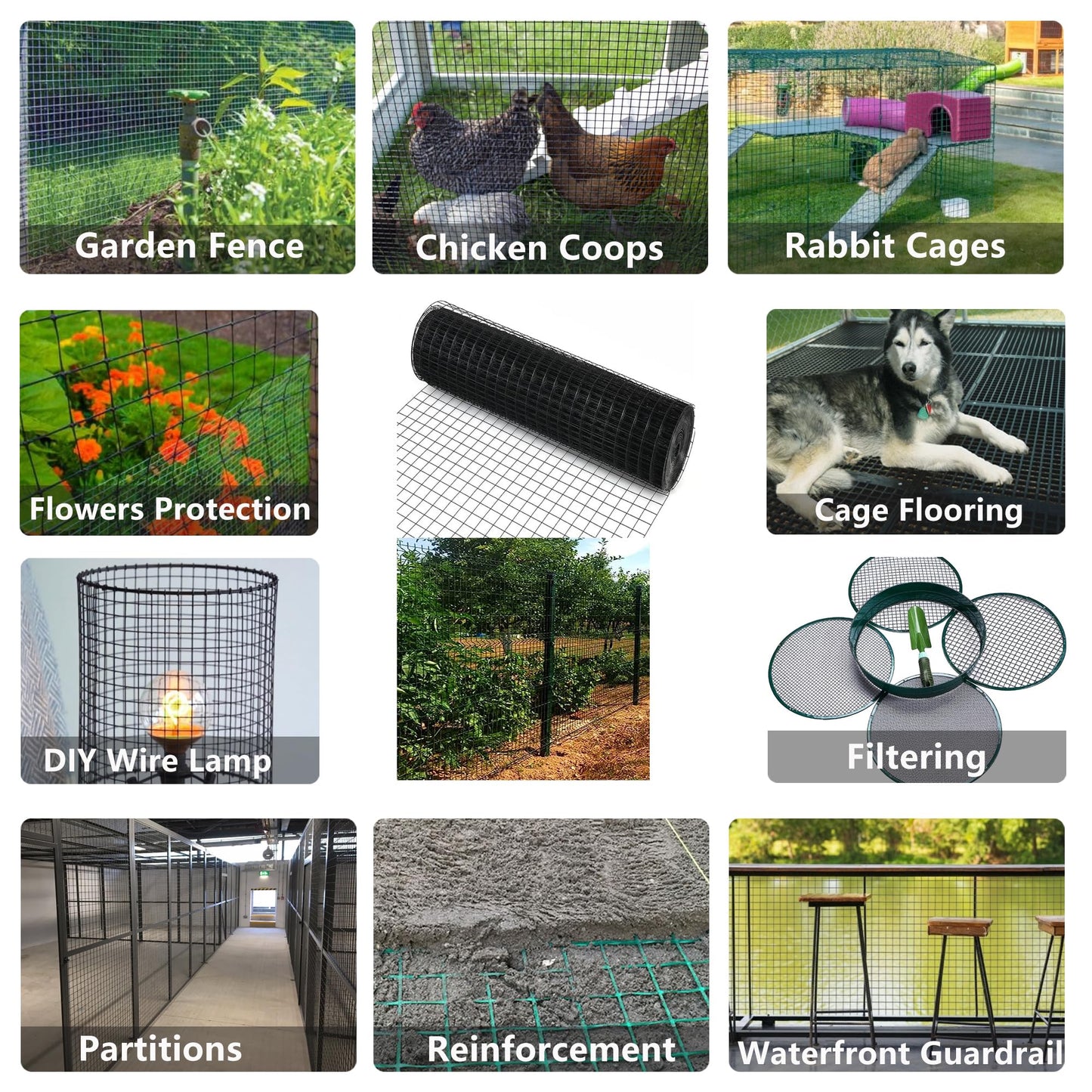 TUOKS Hardware Cloth 1 inch 60in x 100ft 16 Gauge Black PVC Coated Welded Wire Fence Wire Mesh Roll Rabbit Wire Chicken Wire Fencing Gopher Wire Cloth Garden Fence Poultry Netting Rodent Wire