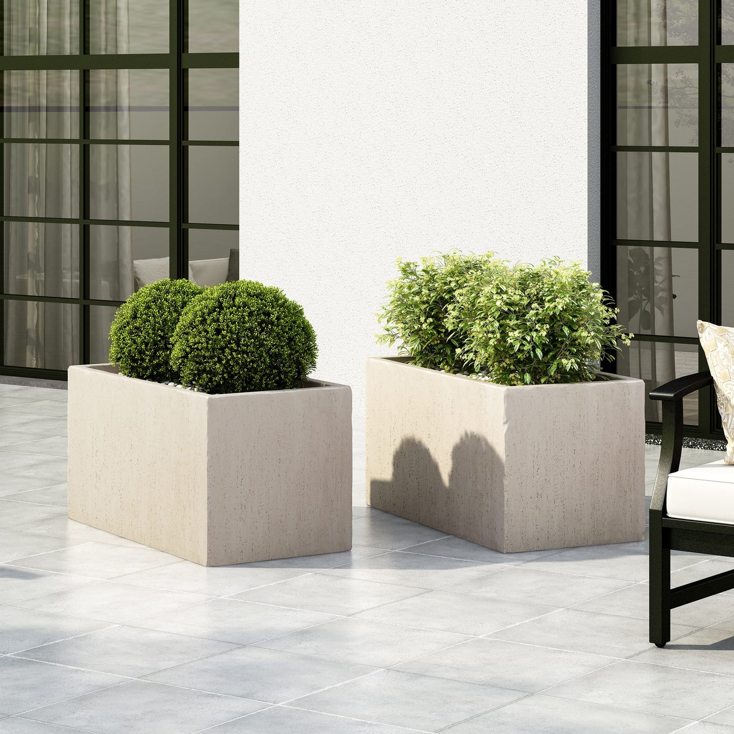 Vanessa Outdoor Modern Medium Cast Stone Rectangular Planters (Set of 2), White