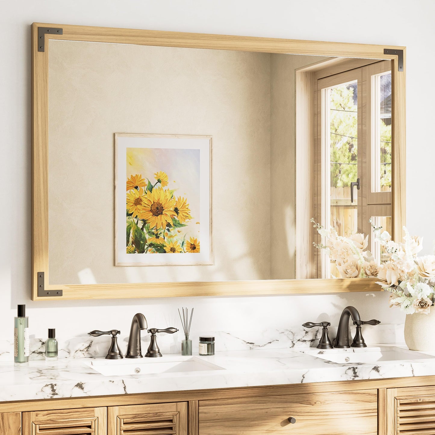 TETOTE 55 x 36 Natural Wooden Mirror for Bathroom Wall/Bedroom/Living Room/Entryway Farmhouse Rustic Bathroom Vanity Mirror Waterproof (Horizontal/Vertical Mounted)
