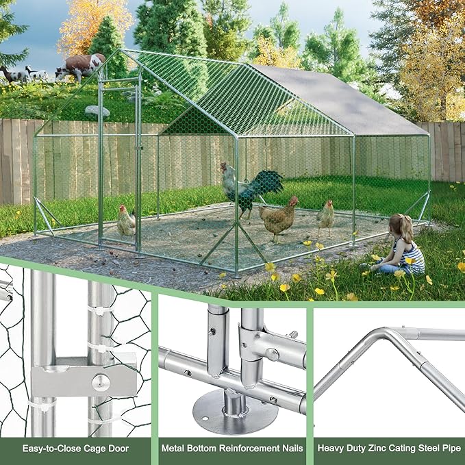 Large Chicken Coop,Metal Chicken Run for Yard with Door,Outdoor Galvanized Wire Poultry Chicken House with Waterproof and Anti-UV Cover,Duck Rabbit Cage (10' L x 13 W x 6.56' H)
