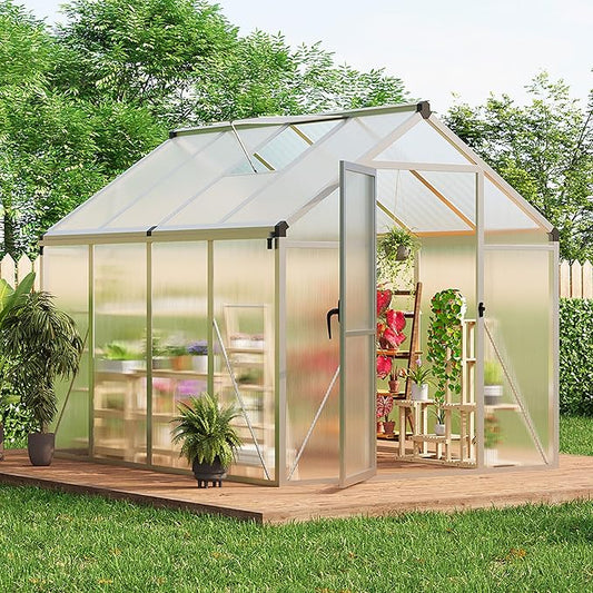 Greenhouse, 6x8 Ft Outdoor Greenhouses, Greenhouse Kit, Portablee Greenhouses with Ground Nails and Vent Windows, Sliding Lockable Door, Polycarbonate Green House for Outside Garden Backyard, White