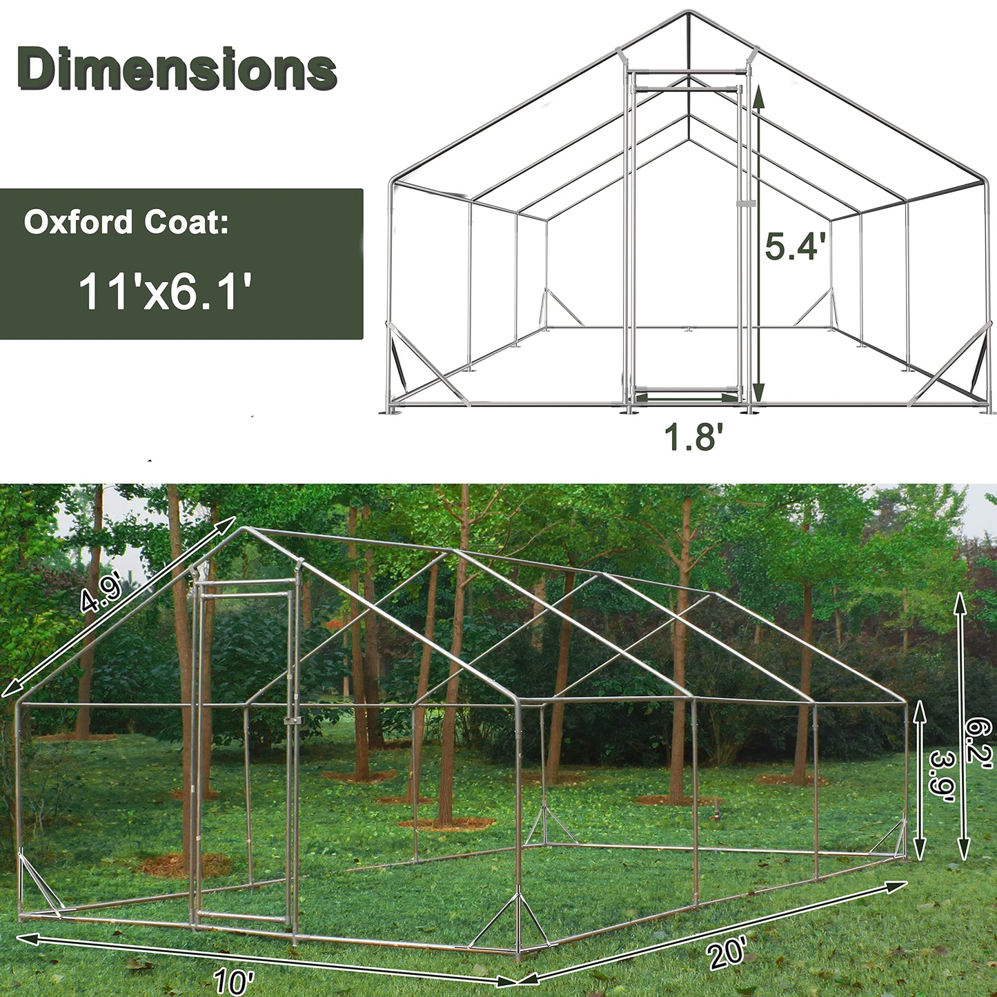 Acosure Large Metal Chicken Coop Plastic-Dipped Hexagonal Galvanized Wire Net Cage,W/Removable Waterproof & Anti-Ultraviolet PE Cover,Duck Rabbit Sheep Outdoor House(10' L x 20' W x 6.56' H)