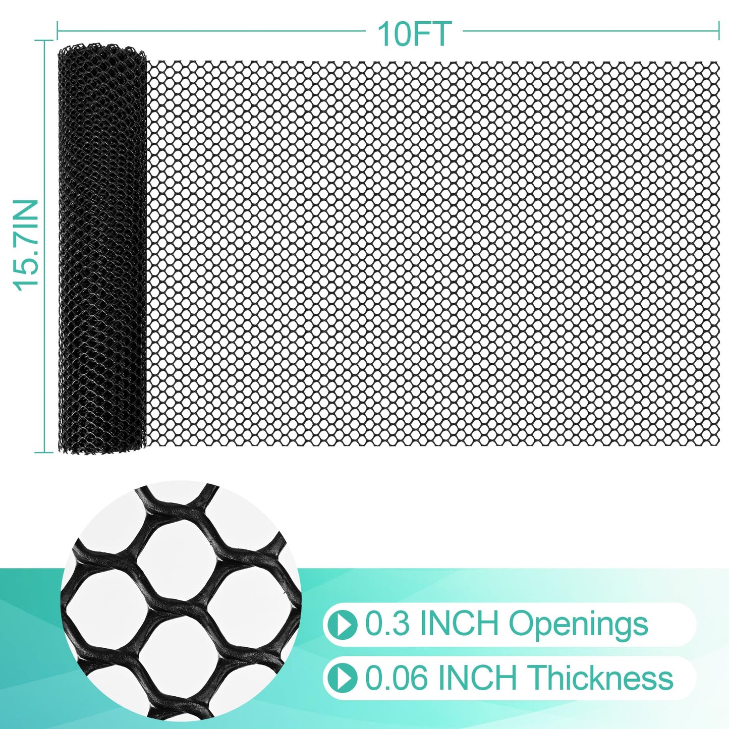 Plastic Mesh Fence Sheet 15.7IN x 10FT - 0.3IN Opening Plastic Chicken Wire Netting Roll Durable for Dogs, Poultry, Puppy, Garden Snake Barrier with 50 Pcs Zip Ties - Black