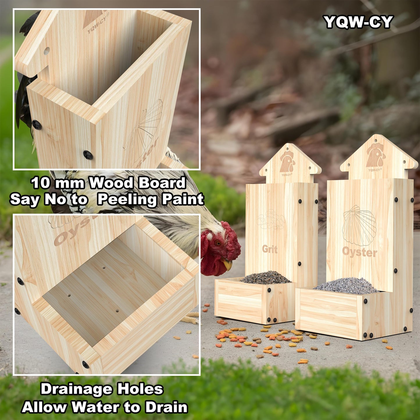 2Pack Chicken Grit Feeder, Wooden Chicken Oyster Shell Feeder and Grit Feeder Combo, Hanging Gravity Chicken Feeder, Coop Accessories for Healthier Hens Chick and Eggs