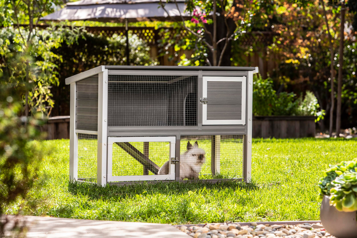 New Age Pet ECOFLEX Columbia Rabbit Hutch - Grey, Dual-Level with Denning Space, Easy Assembly, Moisture & Odor Resistant