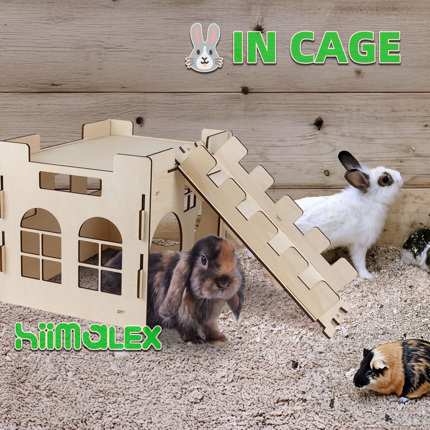 HIIMALEX Extra Large Sturdy Bunny Hideout Wooden Rabbit Castle with Ramp Indoor House Habitat for Rabbits Hamsters Guinea Pigs Ferrets Bunnies