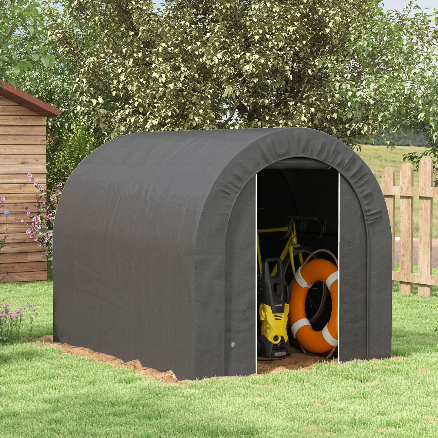 Outsunny 6' x 8' Garden Storage Tent with Galvanized Metal Frame, Waterproof Portable Shed, Heavy Duty Outdoor Shed for Bike, Motorcycle, Garden Tools - Gray
