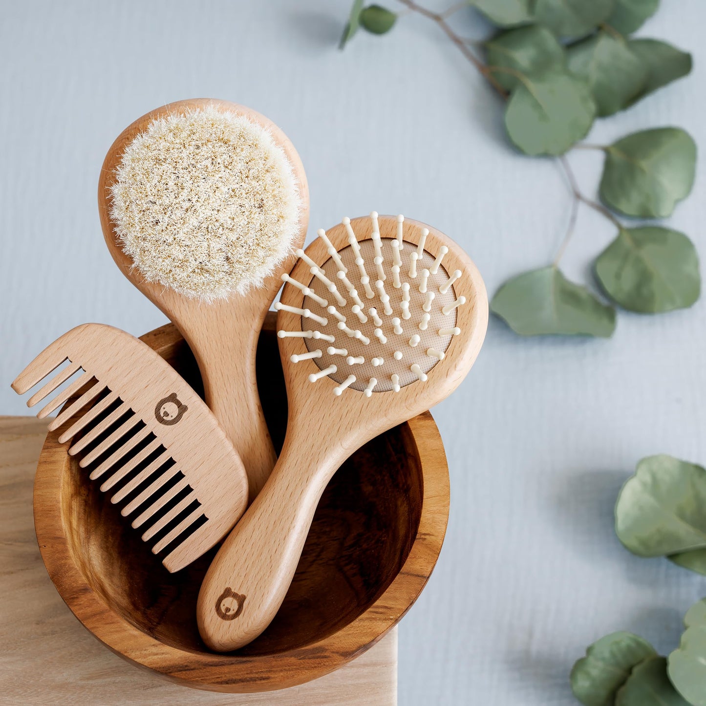 ROMY RO 3 Piece Wooden Hair Brush Set for Newborns & Toddlers - Ultra Soft Natural Goat Hair and Wood Brushes in Chic Gift Box
