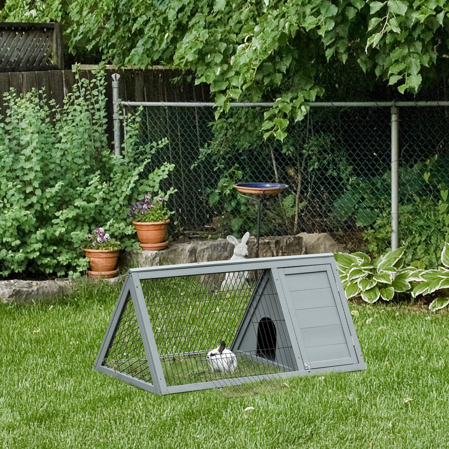 PawHut 46" x 24" Wooden A-Frame Outdoor Rabbit Hutch, Small Animal Cage, Bunny Hutch with Outside Run & Ventilating Wire, Gray