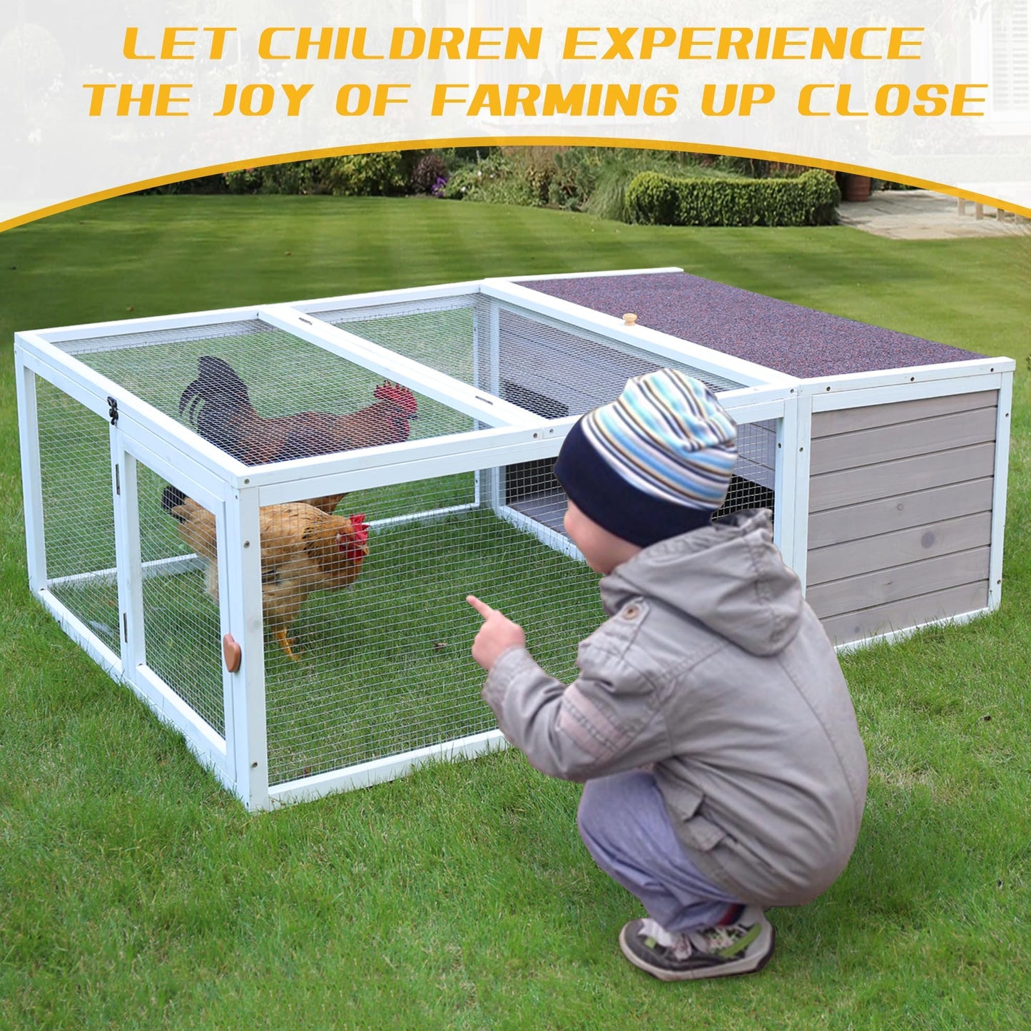 Chicken Coop with Run, 60” Rabbit Hutch with Cover Outdoor, Large Tortoise Habitat Pet Cage Wood Small Animal Poultry Cage Run with Waterproof Asphalt & Openable Roof and Side Door