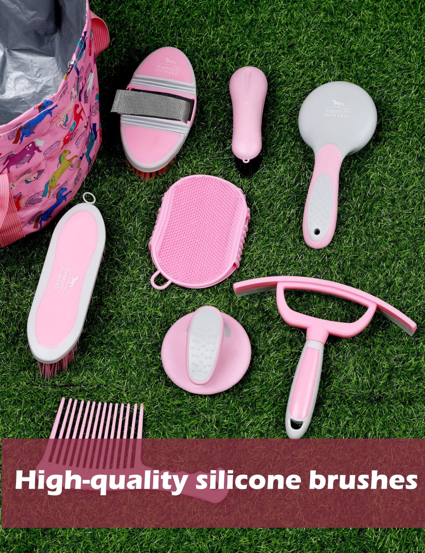 Harrison Howard Horse Grooming Kit 11-Piece Equine Care Series Horse Brush Sets with Organizer Tote Bag Tack Room Supplies Shedding Grooming Massaging Tools Pink Brushstroke Ponies