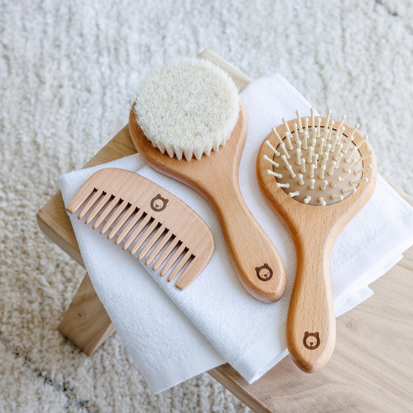 ROMY RO 3 Piece Wooden Hair Brush Set for Newborns & Toddlers - Ultra Soft Natural Goat Hair and Wood Brushes in Chic Gift Box