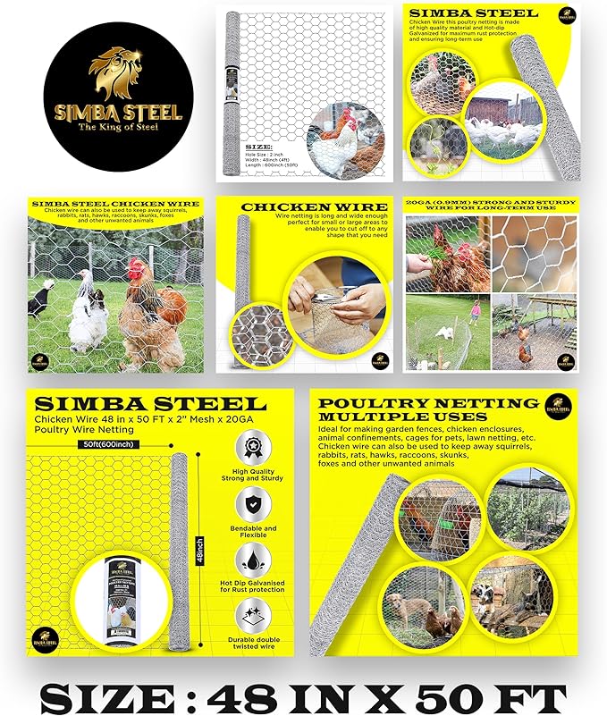 Chicken Wire 48 in x 50 FT x 2” Mesh x 20GA | Poultry Wire Netting | Hot Dipped Galvanised | Hexagonal Galvanized Mesh for Chicken Coop, Rabbit Cage, Fence Barrier