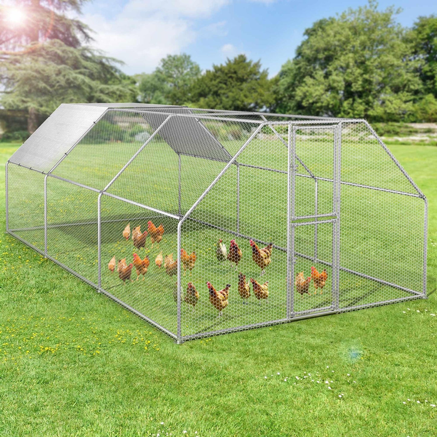 DWVO Large Metal Chicken Coop for 20-30 Chickens, 19.1 x 9.8 x 6.4 ft Walk-in Poultry Cage Chicken Run for Yard Outdoor with Waterproof and Anti-UV Cover Duck House Flat Roof Chicken Pen
