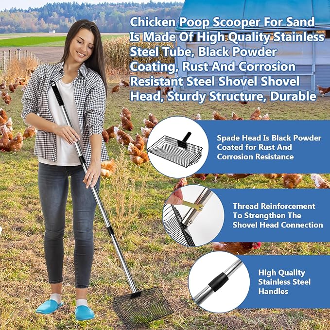 10inch Large Metal Chicken Poop Scooper, Chicken Poop Scooper for Sand with Adjustable Stainless Steel Handle, Chicken Coop Scooper for Sand Suitable for Chicken Coops, Rabbit Coops, Stables, Gardens