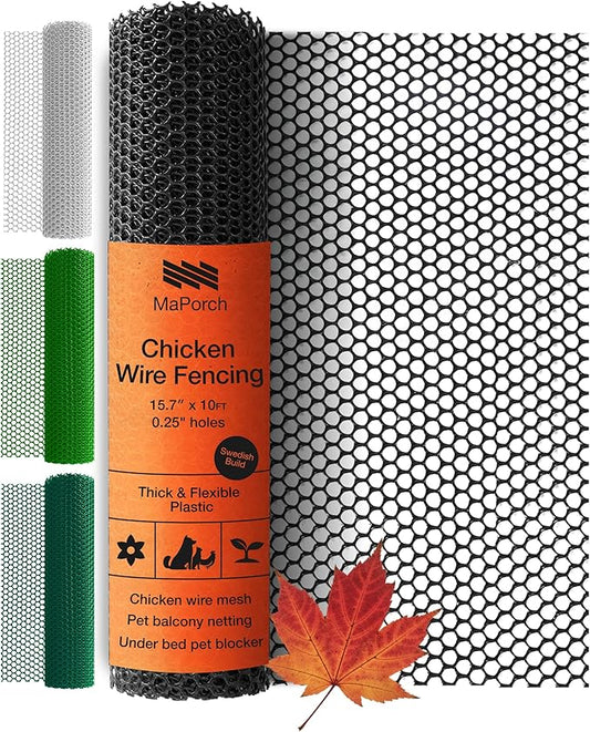MaPorch Plastic Wire Mesh Fence - Black, 15.7" x 10 ft - Plastic Chicken Wire Fencing for Dogs, Rabbits & Poultry - Chicken Netting - Snake Barrier - Balcony Netting for Pets - Balcony Cat Barrier