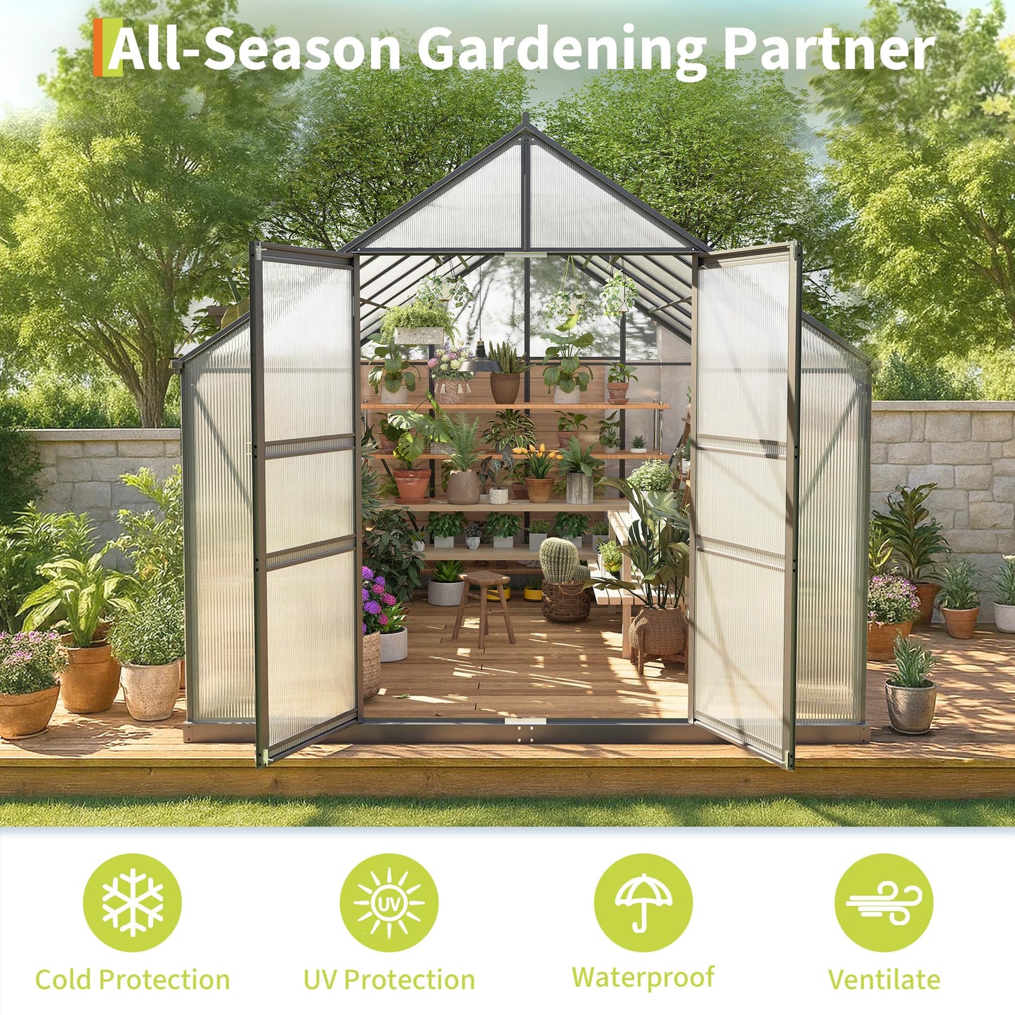 Large Greenhouse for Outdoors 8x12 FT, Polycarbonate Green House with Roof Vent and Quick Setup Structure, Aluminum Greenhouse Kit for Garden Backyard