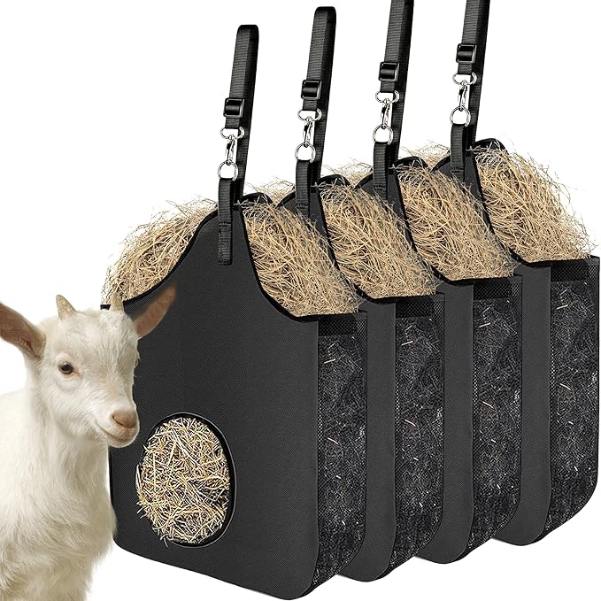 4 Pcs Hay Bag Hanging Goat Feeder Tote Premium Oxford Cloth with Metal Ring and Adjustable Strap for Horses Donkeys Cows Alpacas Ostriches or Other Animals Black
