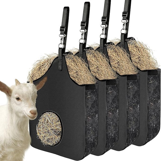 4 Pcs Hay Bag Hanging Goat Feeder Tote Premium Oxford Cloth with Metal Ring and Adjustable Strap for Horses Donkeys Cows Alpacas Ostriches or Other Animals Black