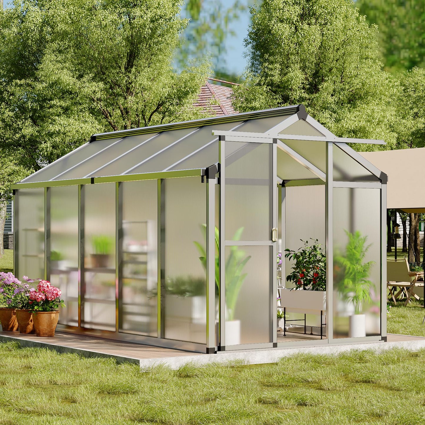 Greenhouse, 6x10 Ft Outdoor Greenhouses, Accessible Greenhouses with Roof Vents and Sliding Doors, Aluminum Frame Polycarbonate Material, Large Greenhouse for Outdoor Gardens and Backyards, Silver