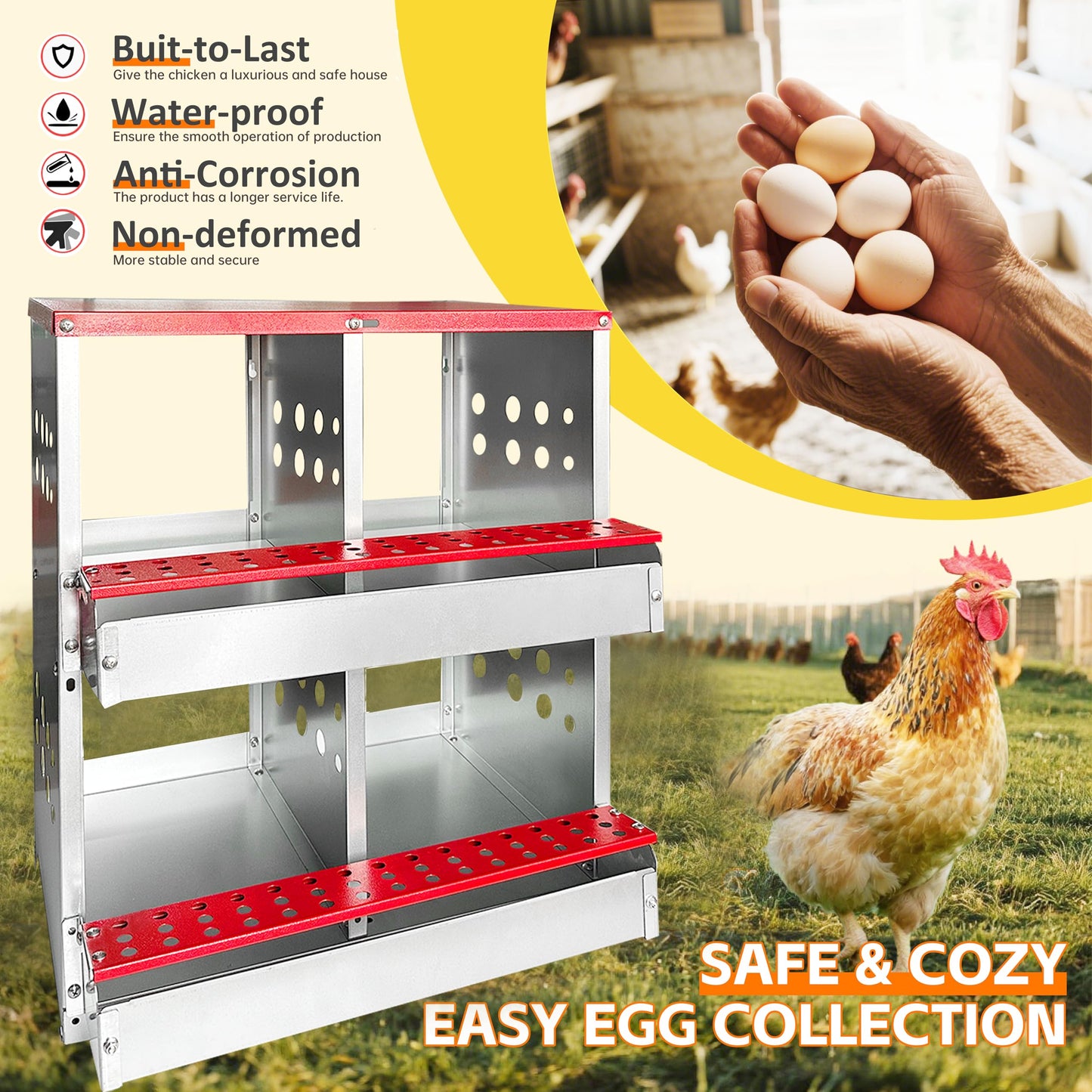 Chicken Nesting Boxes,4 Compartments Metal Chicken Laying Box with Roll Out Egg Collection with Large Vented Holes for Chickens, Hens, Ducks, Large Egg Laying Boxes (4 Compartments)