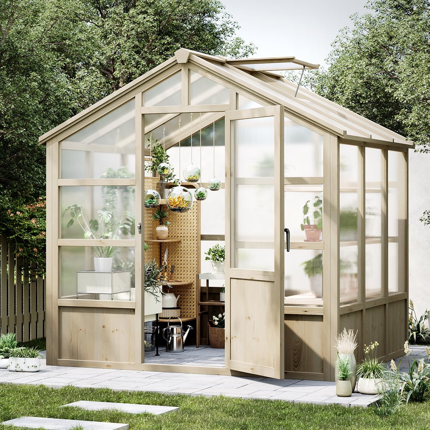 Wooden Greenhouse, 6x8FT Greenhouses with Lockable Door, Wood Frame & Adjustable Vent, Greenhouse with for Outdoor, Garden, Yard, Light Brown