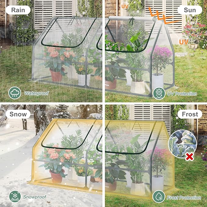 Aoodor 4 x 2 x 2 ft Mini Greenhouse with 2 Zipper Doors, Water Resistant, UV Protected for Flowers, Vegetables and Herbs, Transparent