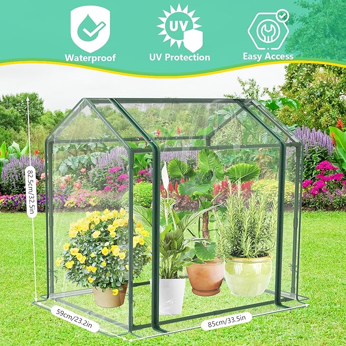 Mini Greenhouse for Indoor Outdoor Plants, Durable Green House with Roll-up Zipper Door，Grow Plant House Tent with Transparent PVC Cover 33.5”x23.2”x32.5”