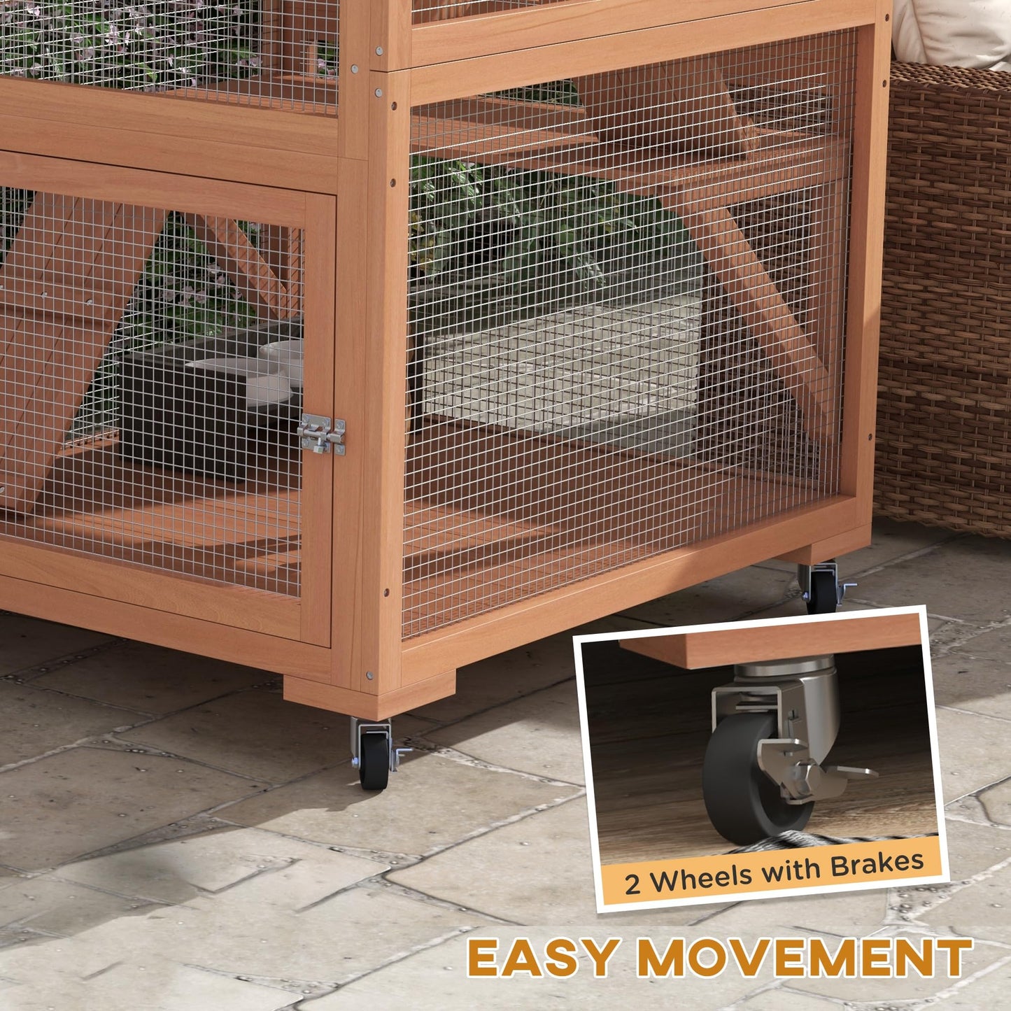 PawHut Catio, Outdoor Cat Enclosure House, Wooden Feral Cat Shelter on Wheels, Cat Cage with Hammock, Platforms Ramps, and Weather Protection Asphalt Roof, 34", Gray