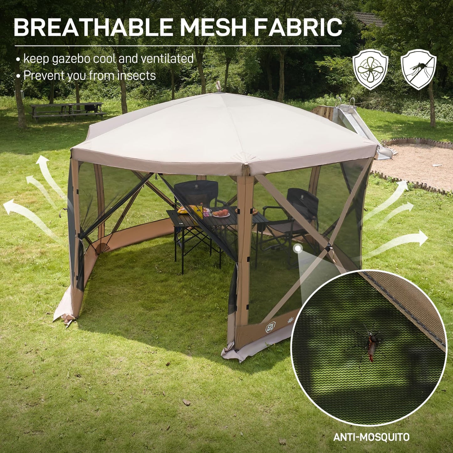 EVER ADVANCED Pop Up Gazebo Screen House Tent for Camping 11.5 ft for 8-10 Person Instant Canopy Shelter with Netting Portable for Outdoor, Backyard, Brown