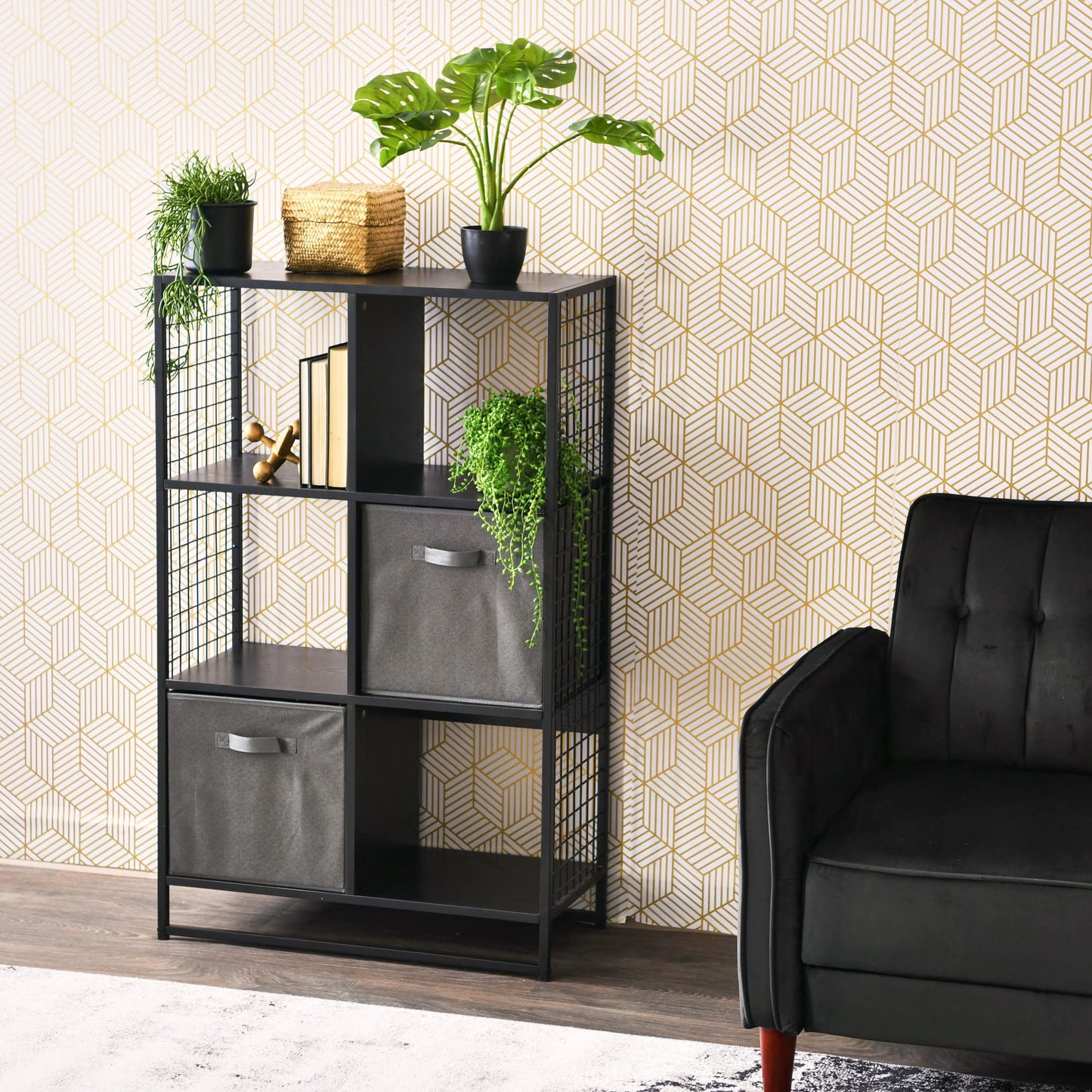 Household Essentials Trellis Open Storage Bookshelf with 6 Cube Compartments Black Oak Wood Grain and Black Metal