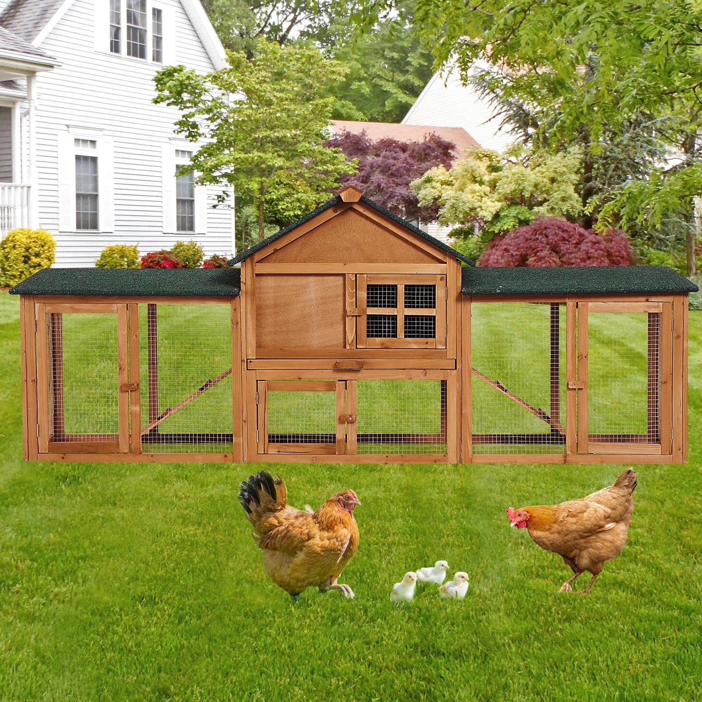 GarveeLife 80in Wooden Rabbit Hutch, Outdoor Chicken Coop, Bunny Hutch Guinea Pig Pet House Bunny Cage with Double Side Runs, Weatherproof Roof, Removable Tray, Ramps for Small Animals