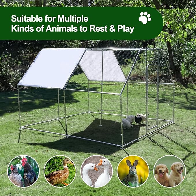 Large Metal Chicken Coop Run with Climbing Frame, Outdoor Walk-in Poultry Cage Flat Top with Waterproof&Anti-UV Cover, for Outdoor Backyard Farm, Silver (118" L x 118" W x 78.7" H)