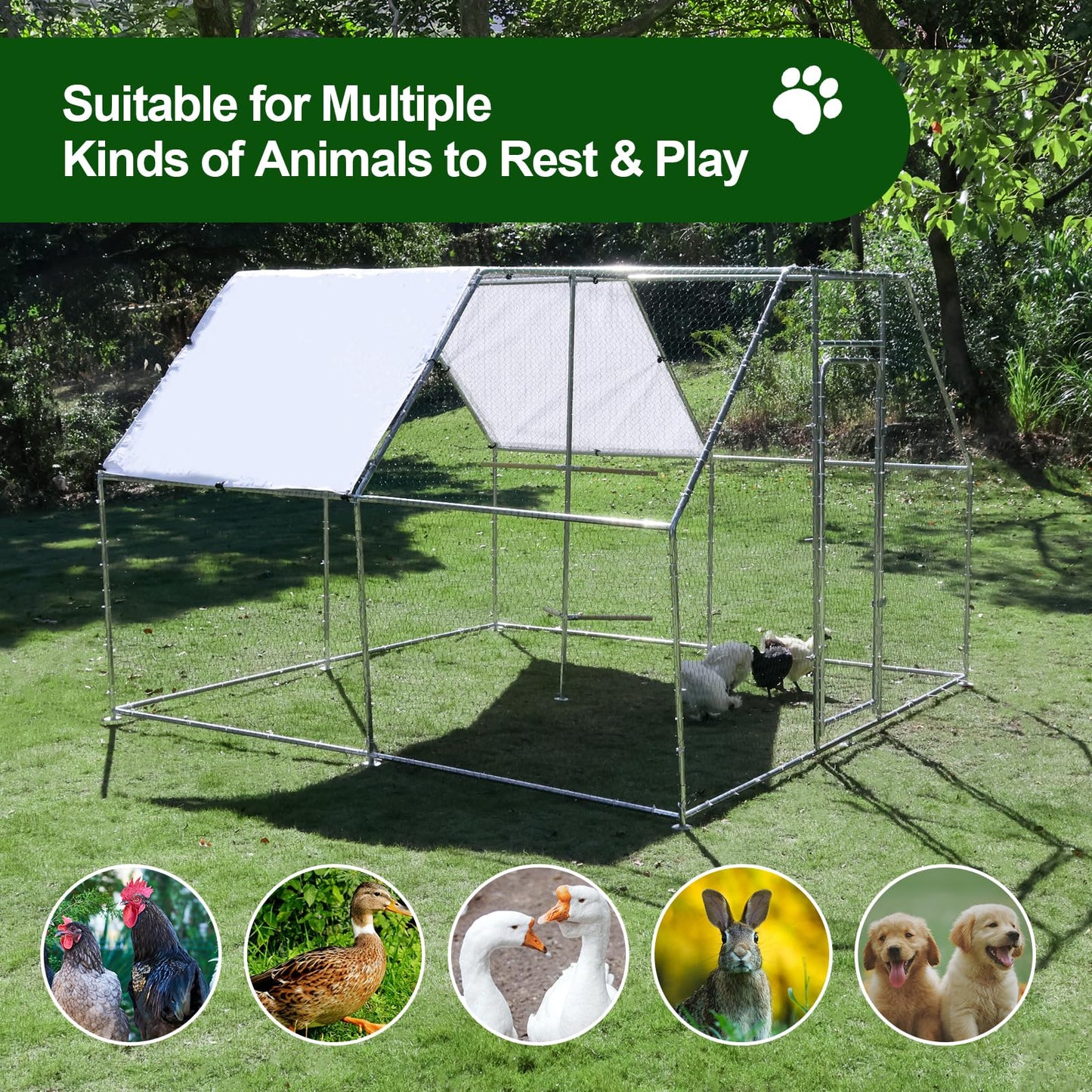 Large Metal Chicken Coop Run with Climbing Frame, Outdoor Walk-in Poultry Cage Flat Top with Waterproof&Anti-UV Cover, for Outdoor Backyard Farm, Silver (118" L x 118" W x 78.7" H)