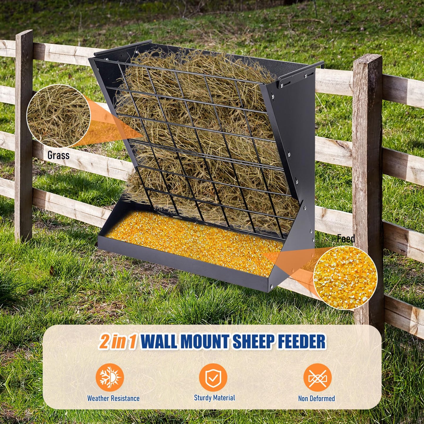 JLUHYANN 25 Gallon Hay Feeder for Goat 2 in 1 Heavy Duty Manger Hay and Grain Feeder Wall Mount Hay Rack Livestock Feeder No Waste with Adjustable Distance for Livestock Goats Sheep Horse