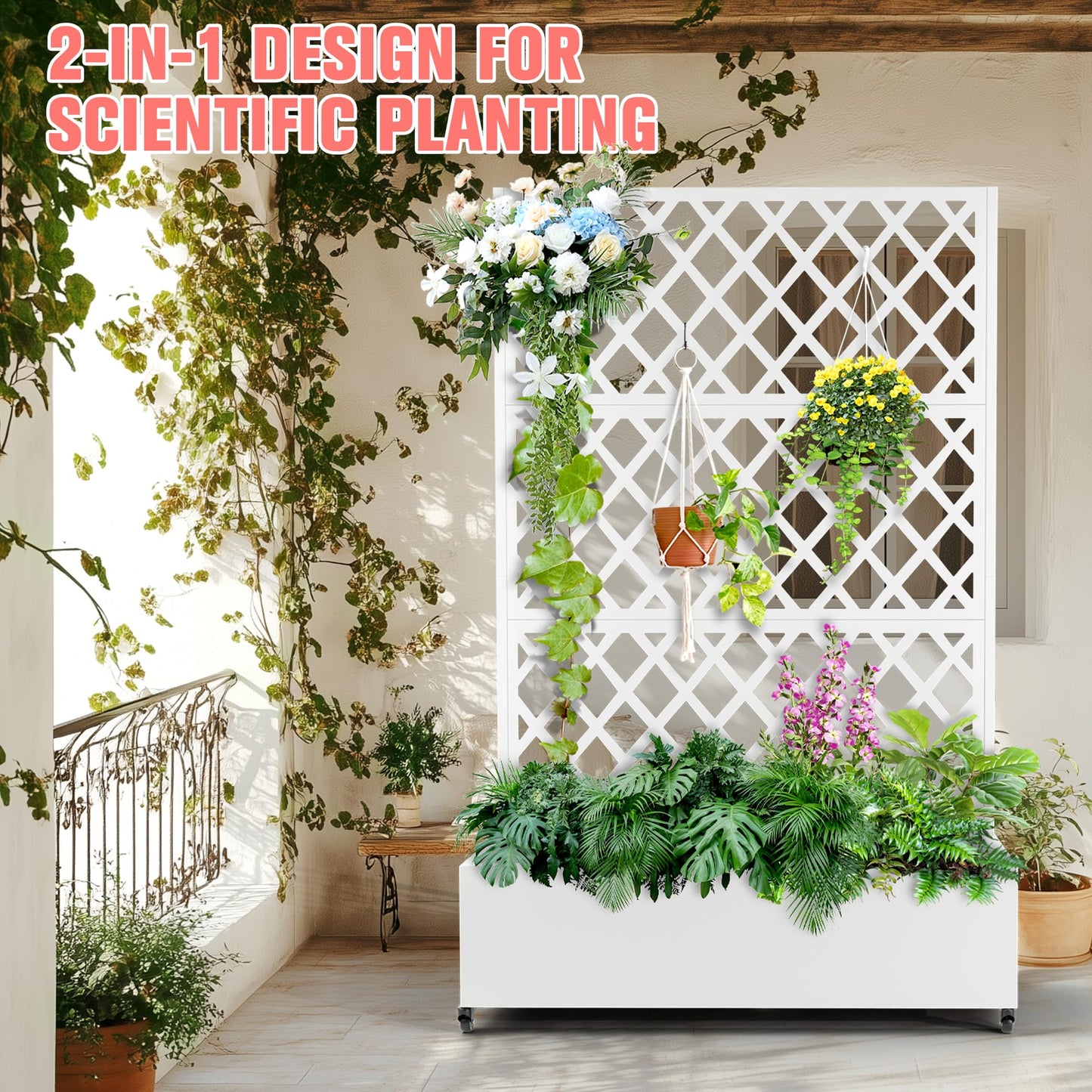 Metal Planter Box with Trellis, Raised Garder Bed with Drainage Hole, Privacy Screen & Trellis for Climbing Plants, Outdoor Plant Stands, 47''L×17''W×73''H, White