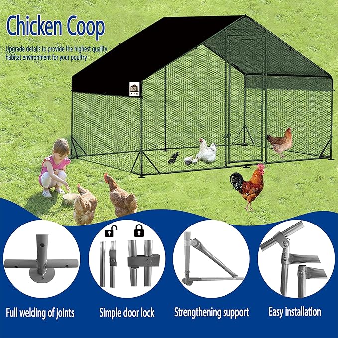 Chicken Coop Large Metal Chicken Run, Upgraded Anti-UV 180g/㎡ PE Cloth & 1.1mm Thickened PVC-Coated Hexagonal Chicken Wire Mesh & More Galvanized Steel Standpipes, Walk-in Chicken coop, 6.6×9.8×6.4FT