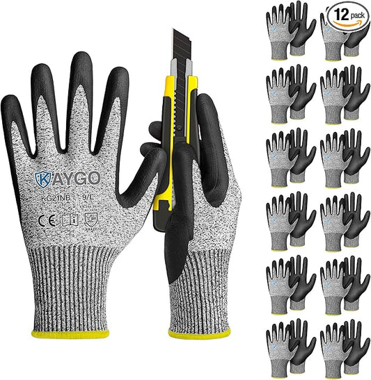 KAYGO 12 Pairs Cut Resistant Gloves for Men and Women, ANSI Cut Level A3 Nitrile Micro-Foam Safety Gloves KG21NB, Durable, Ideal for Wood Carving, Glass Handling, Construction, Fishing, L, Grey