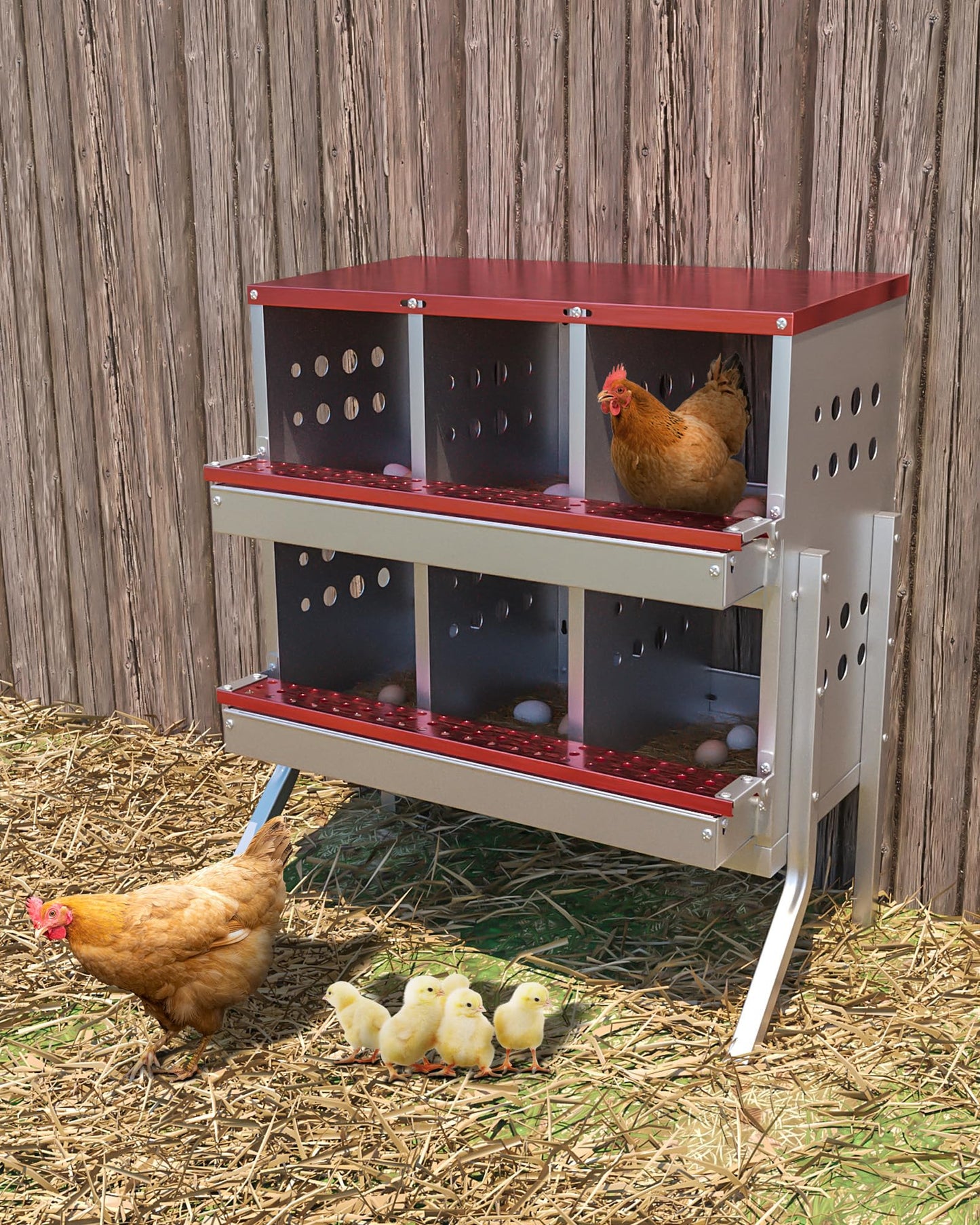 GarveeLife Metal Chicken Nesting Box for Laying Eggs, Rustproof Wall-mountable Roll Away Chicken Laying Boxes for Hens, Waterproof, Ventilated with Perch, 6 Compartments with Legs, Red