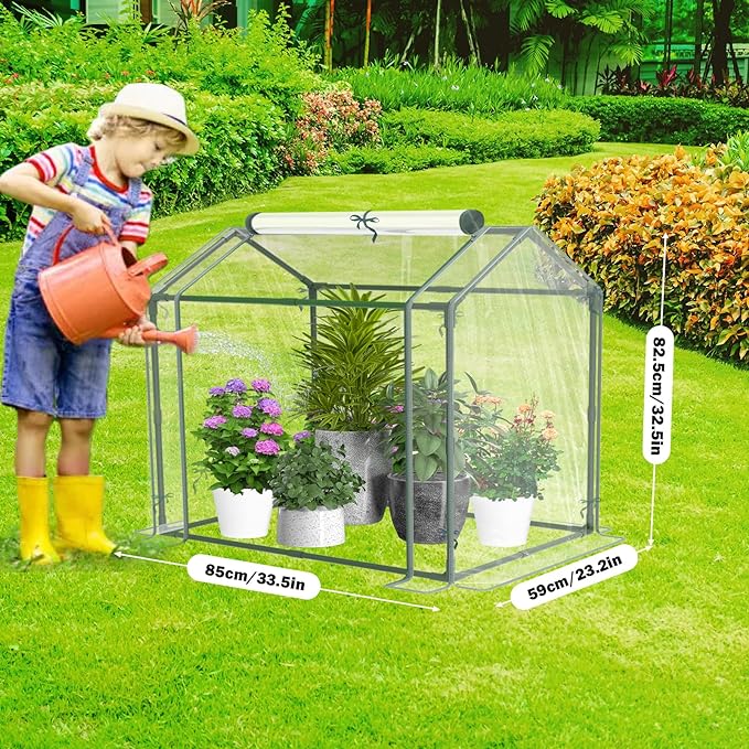 Esbaybulbs Mini Greenhouse with PVC Cover and Roll-Up Zipper Door, 33.5'L x 23.2'W x 32.5'H, Transparent, Steel Frame, Roll-Up Door, Garden Greenhouse